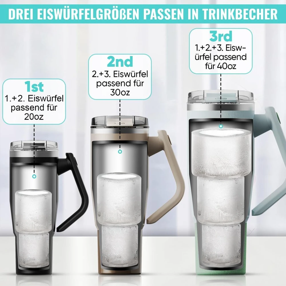 Avaloy Stanley Cup ledo kubelių padėklo priedai, daugiafunkcinė ledų puodelio forma, skirta Stanley Cup ledo kubeliams, skirta 40 oz gertuvei, silikoninis ledo kubelių padėklas su dangteliu ir konteineriu