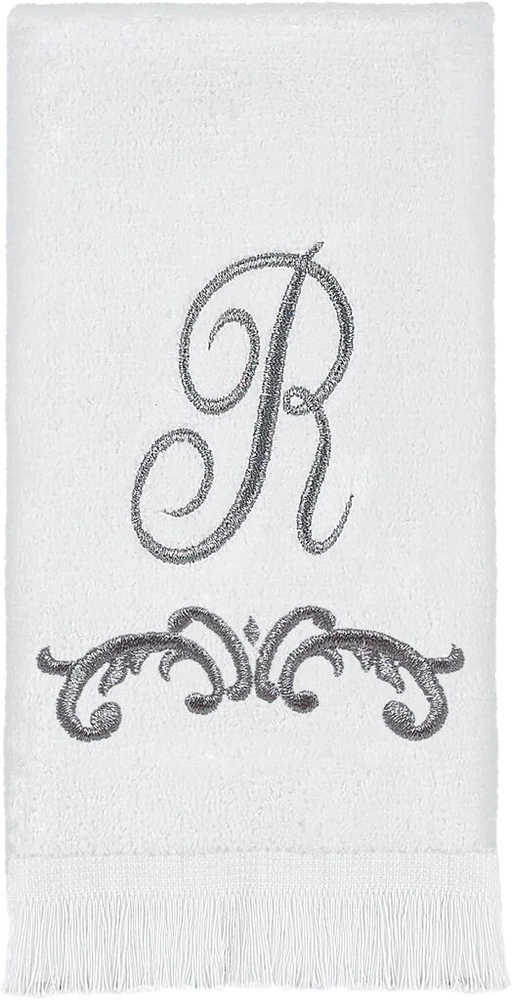 Avanti monograminis rankšluostis pirštams, R-scroll, balta/pilka