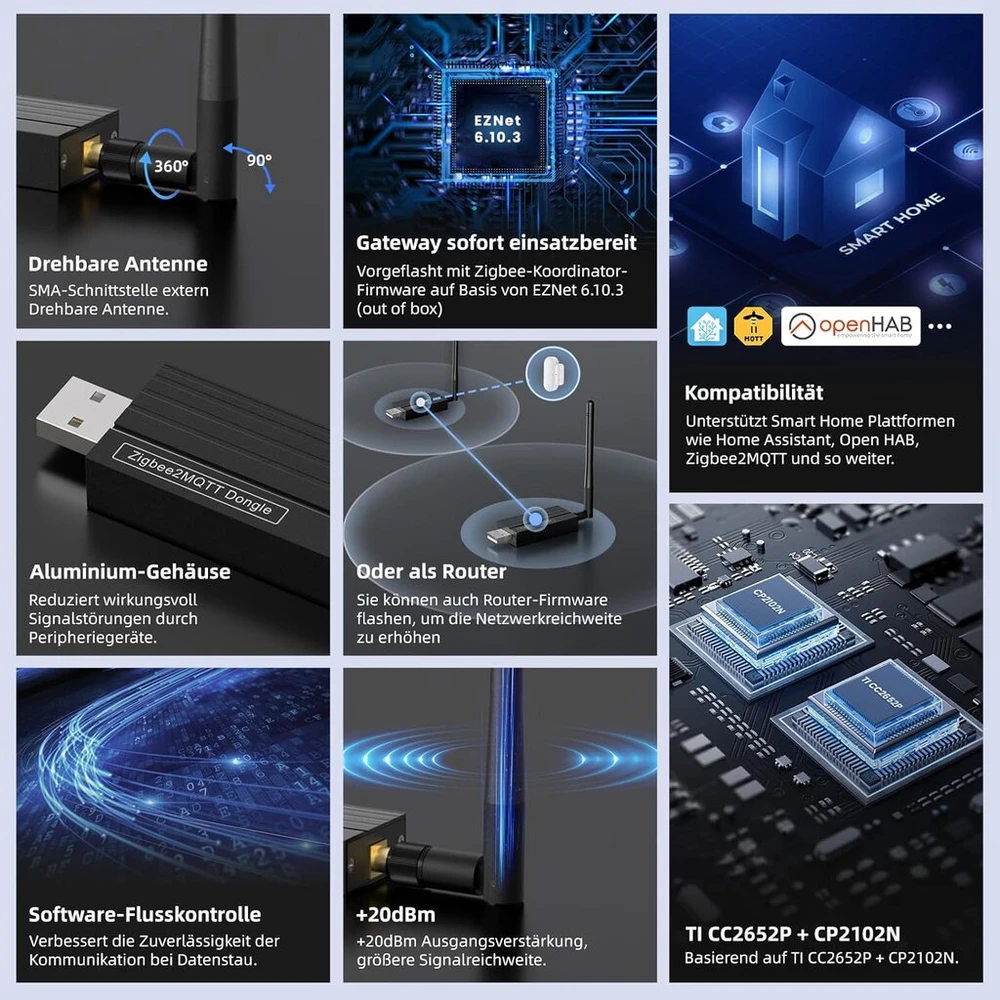 Avatto Zigbee 3.0 Usb Dongle Plus universalus Zigbee Gateway Hub Ti Cc2652p + Cp2102n Zigbee Usb raktas maršrutizatorius/koordinatorius, skirtas Zha Home Assistant arba Zigbee2mqtt, Open Hab ir kt.