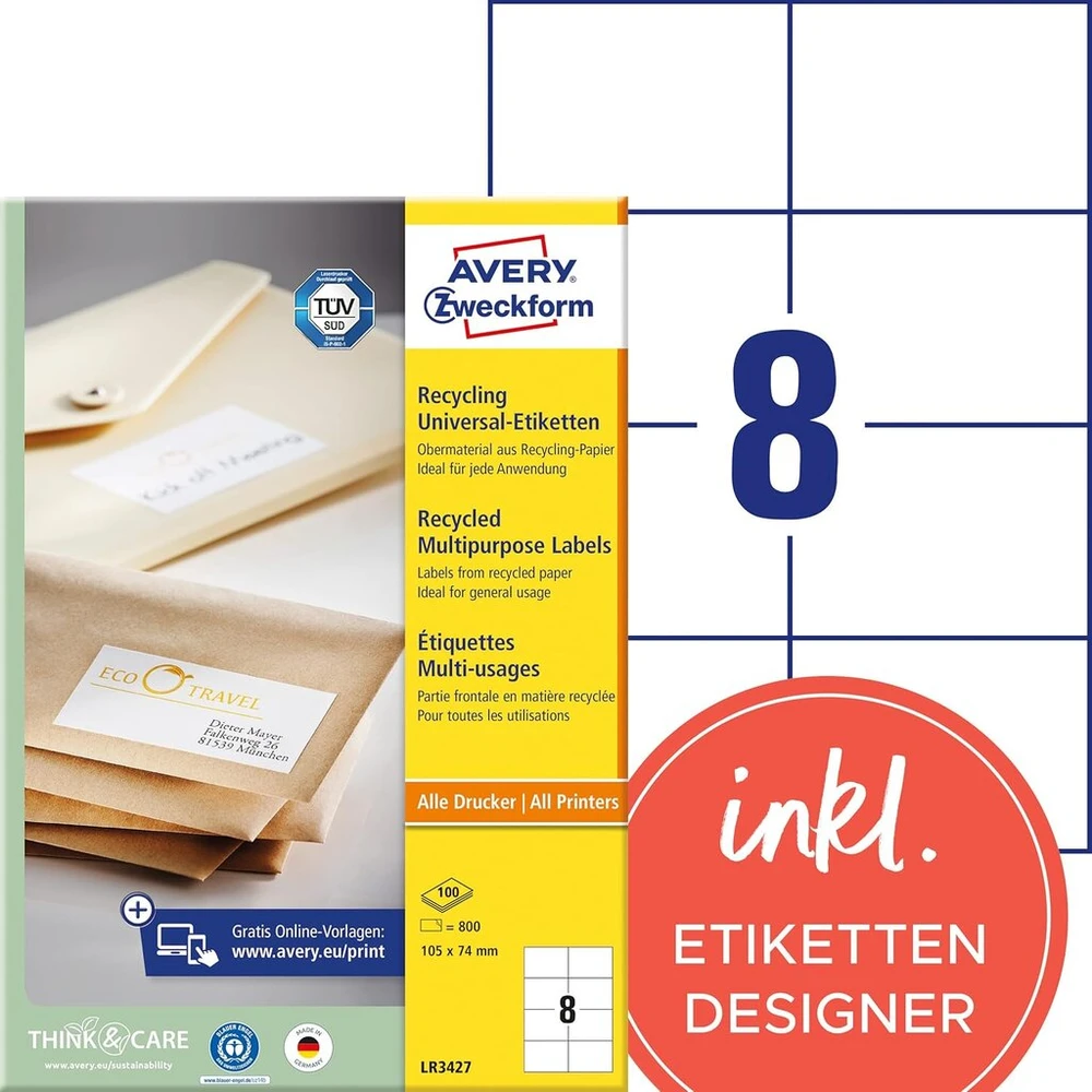 Avery Zweckform Lr3427 perdirbtos etiketės (800 adresų etikečių, 105 x 74 mm ant A4 formato lapo, 100 % perdirbtas popierius, spausdinamos siuntimo etiketės, lipnios siuntimo etiketės), 100 lapų, balta