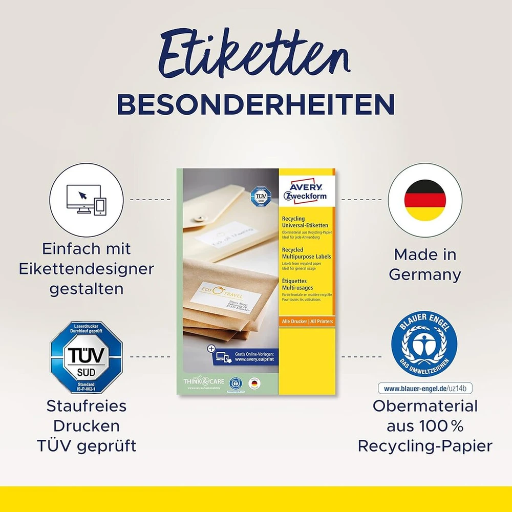 Avery Zweckform Lr3427 perdirbtos etiketės (800 adresų etikečių, 105 x 74 mm ant A4 formato lapo, 100 % perdirbtas popierius, spausdinamos siuntimo etiketės, lipnios siuntimo etiketės), 100 lapų, balta