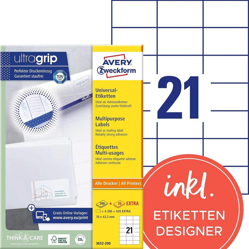 Avery Zweckform universalūs lipdukai 70 x 42,3 mm, balti