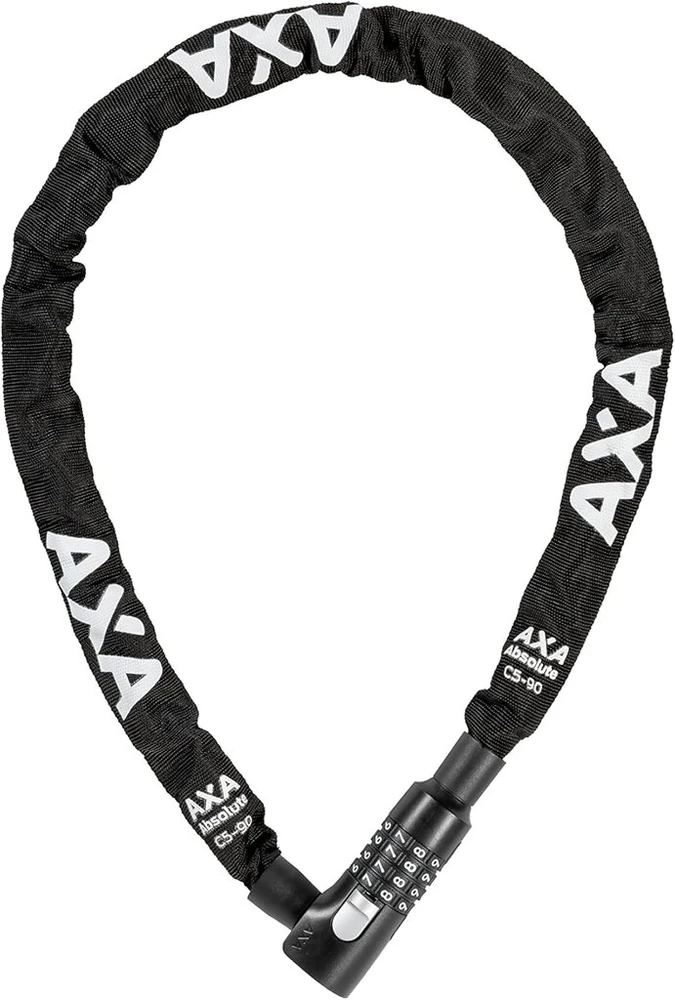 Axa Absolute C5-90 kombinuota spyna dviračiui su kodu, 90 cm ilgio grandininė spyna, 7 apsaugos lygis, 5 mm plieninės grandys, juodas apsauginis dangtelis