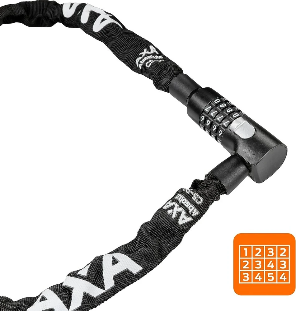 Axa Absolute C5-90 kombinuota spyna dviračiui su kodu, 90 cm ilgio grandininė spyna, 7 apsaugos lygis, 5 mm plieninės grandys, juodas apsauginis dangtelis