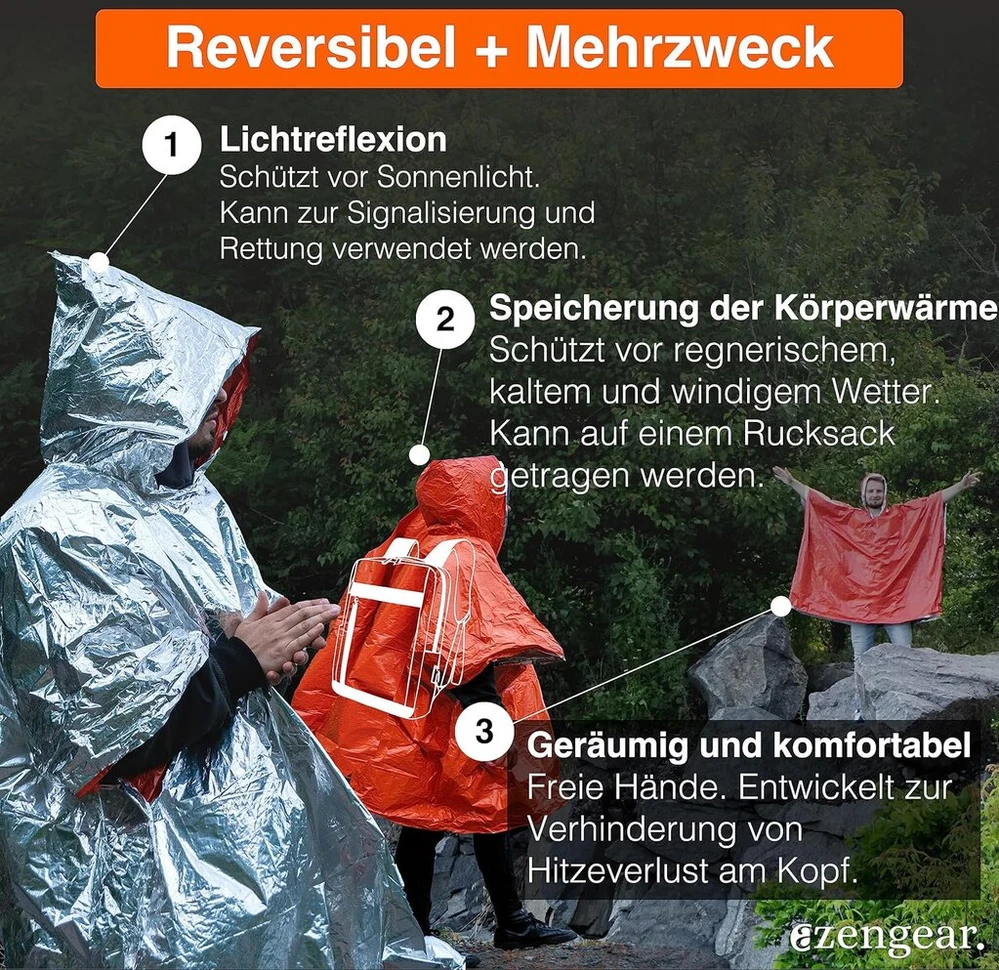 Azengear avarinis išgyvenimo pončas (4 vnt.) terminė mylar folijos danga antklodė šilumos sulaikymui ir apsaugai nuo lietaus | apverčiamas su gobtuvu | neperšlampamas, atsparus vėjui, nešiojamas, laisvų rankų įranga, lauko rinkinys