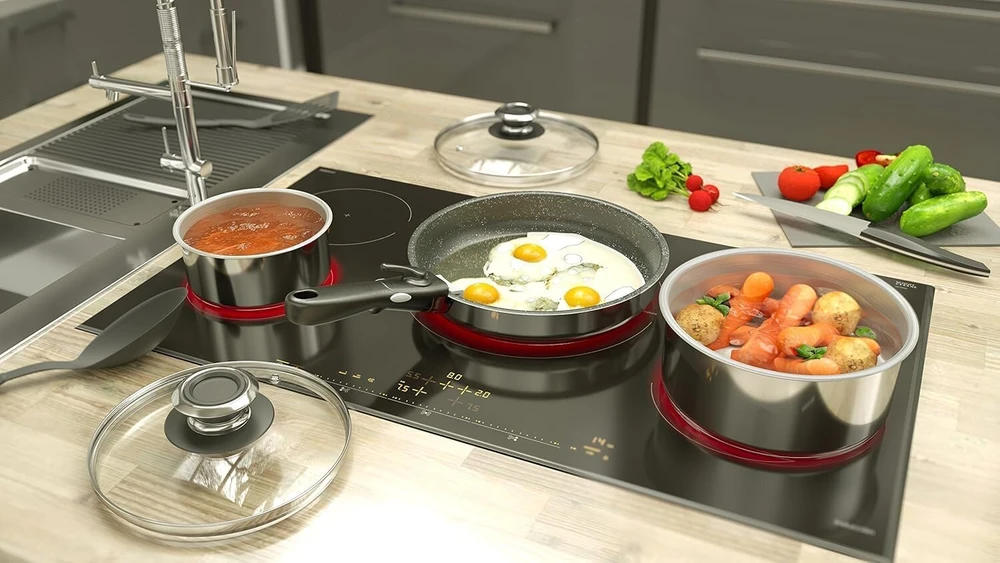 Backen 391504 puodų rinkinys 16, 18, 20 cm, nerūdijantis plienas, 4 dalys, indukcinis, 1 nuimama rankena, galima plauti indaplovėje, neprideganti danga, 5 metų garantija