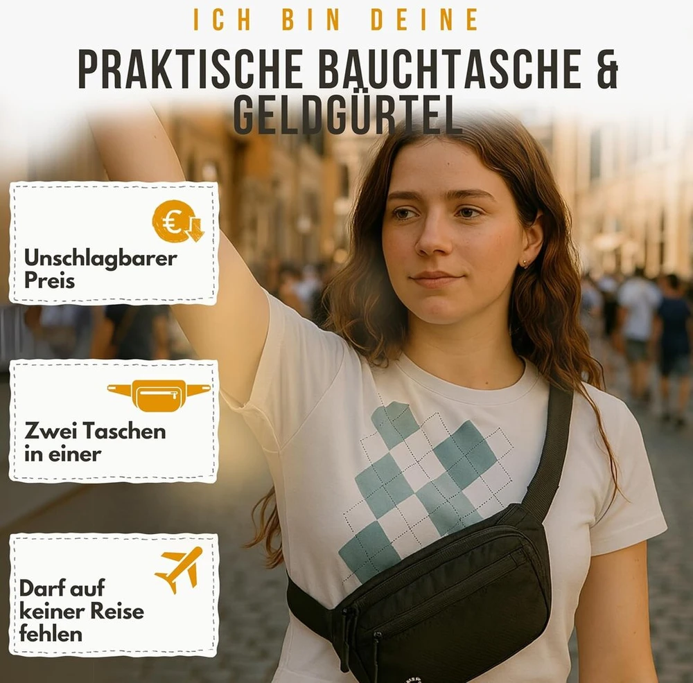 Backpacker's Journey 2-in-1 juosmens krepšys ir pinigų diržas - apsauga nuo vagystės ir plokščias juosmens krepšys kelionėms (90 g), atsparus vandeniui - pinigų diržas kelionėms, itin lengvas ir kompaktiškas dėvėti po drabužiais, juodas, vieneto dydis