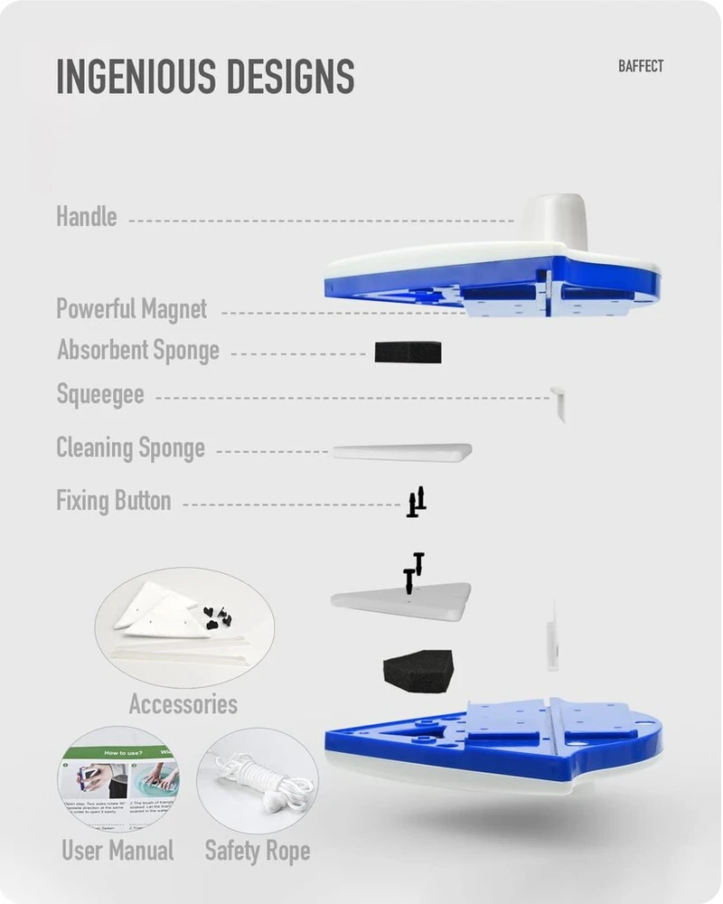 Baffect® dvipusis magnetinis langų valiklis, itin stiprus, skirtas abiejų pusių stikliniams paviršiams valyti, šepetys-valytuvas su ergonomiška rankena, skirtas aukštybiniams ir automobilių stikliniams langams, kurių storis 3–8 mm