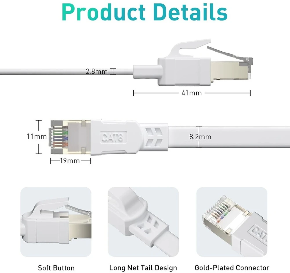 Bahiwom Cat8 Ethernet kabelis 1 m, 40 Gbit/s 2000 Mhz Cat 8 Lan kabelis tinklo kabelis Gigabit Rj45 Patch kabelis, plokščias interneto kabelis suderinamas su maršrutizatoriumi, su modemu, su kompiuteriu, su nešiojamuoju kompiuteriu - baltas