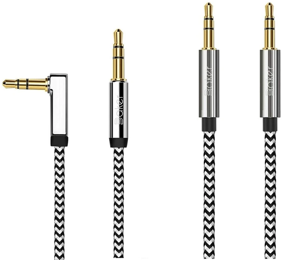 Baker 2 x Aux laidas, (90° stačiu kampu kištukas + tiesus jungties audio laidas) 1 m 3.5 mm stereo nailono pintas aux audio laidas ausinėms, ipod, iphone, ipad, namų/automobilio stereo sistemoms, juodas ir baltas