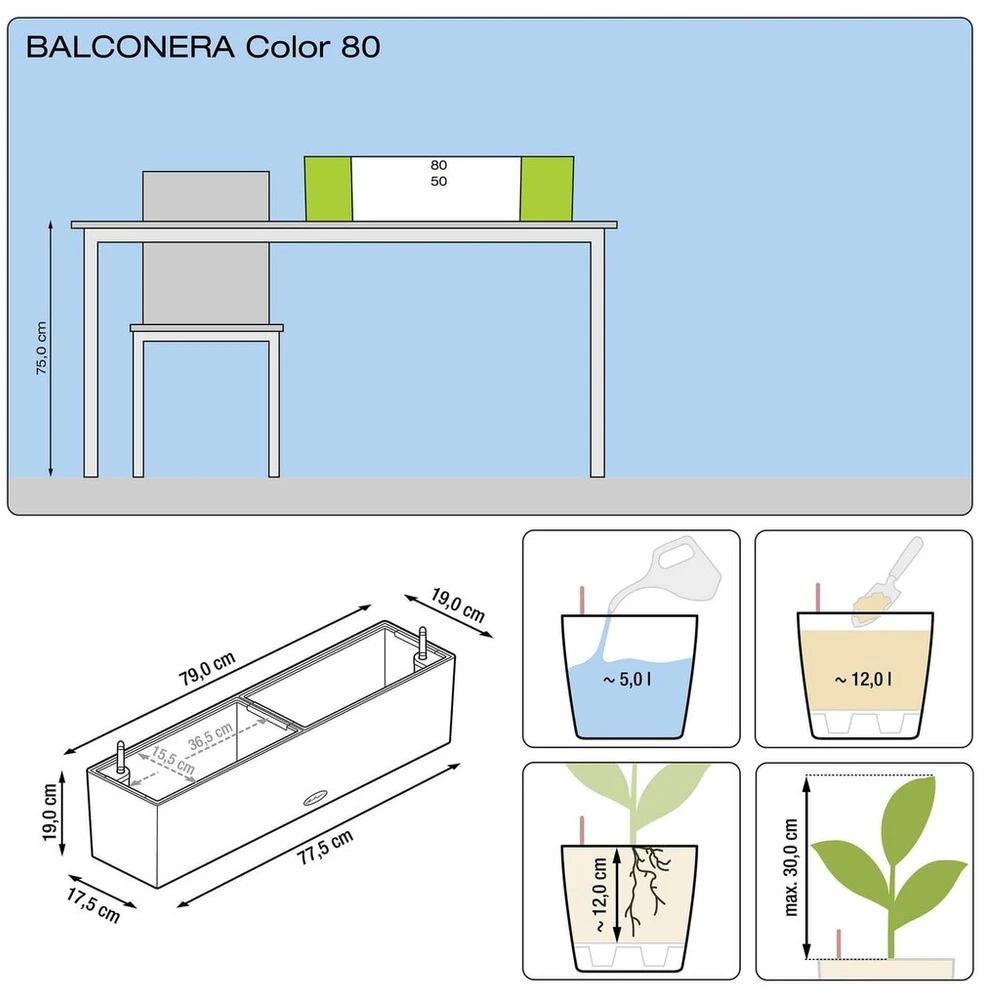Balkono gėlių vazonas Lechuza Balconera 80cm pilkas