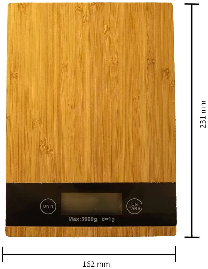 Bambukinės virtuvinės svarstyklės, skaitmeninės bambukinės virtuvinės svarstyklės, tikslus svėrimas iki 5kg, taros funkcija, Lcd ekranas, su baterija (stačiakampės)