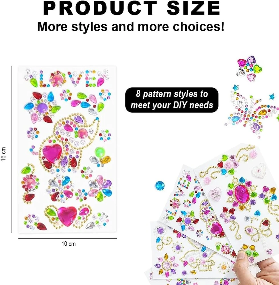 Bangbobi lipdukai su blizgučiais, lipnios blizgančios akutės rankdarbiams, 8 lapai su rhinestones, lipnios, akrilinės spalvingos
