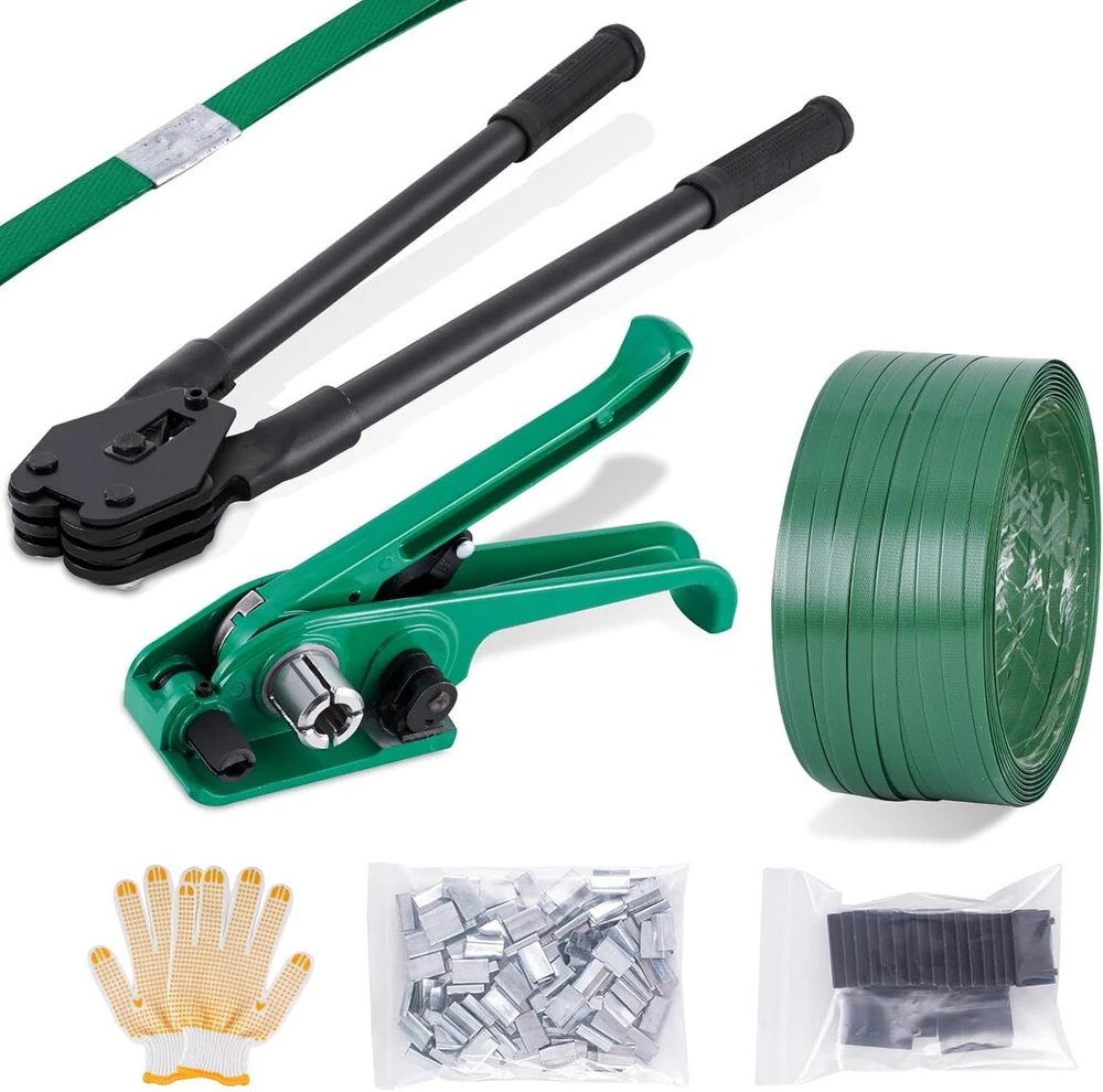 Baoshishan surišimo rinkinys 12-19 mm rankinis surišimo įrenginys su 200 m pet surišimo juosta tik pet pakuotės juostai (įtempiklis, uždarytuvas, surišimo juosta, 100 metalinių sagčių, 20 kampų apsaugų, pirštinės)