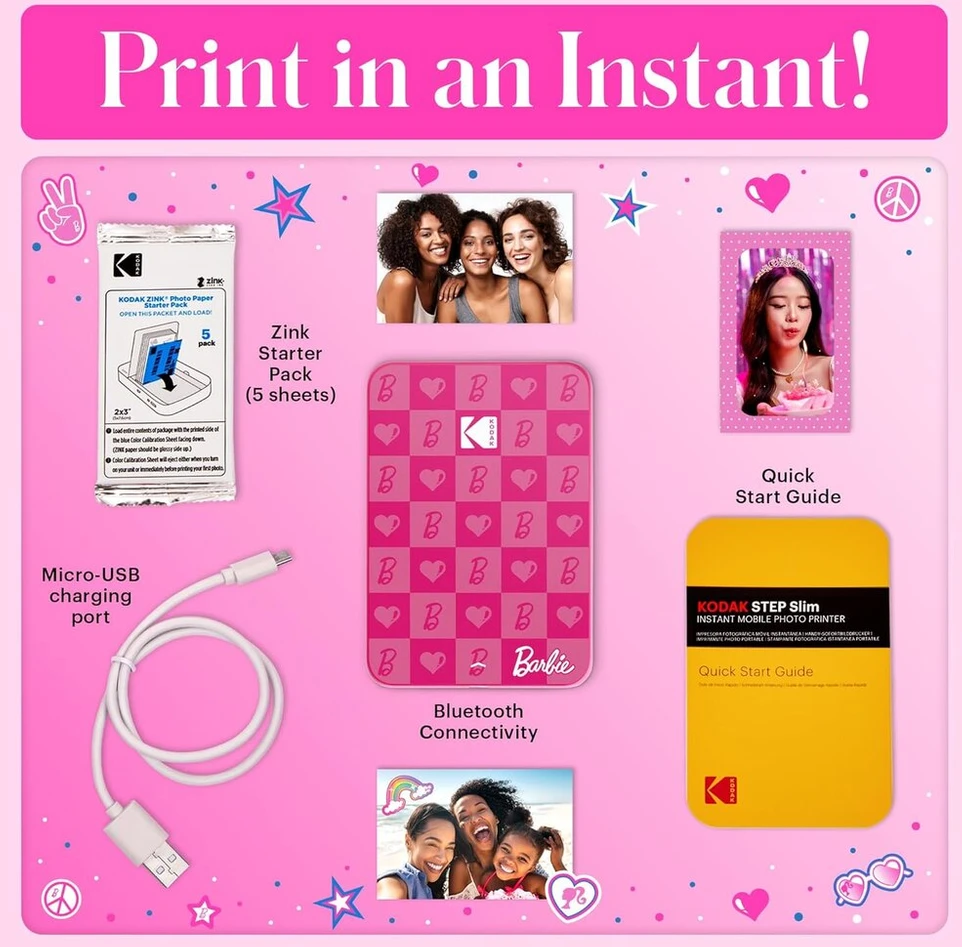 Barbie x Kodak Step Slim belaidis momentinis nešiojamas nuotraukų spausdintuvas - spalvotos nuotraukos su Zinc 2 x 3 colių lipdukų pagrindu iš Ios ir Android įrenginių per Bluetooth programėlėje - ikoniškas stilius