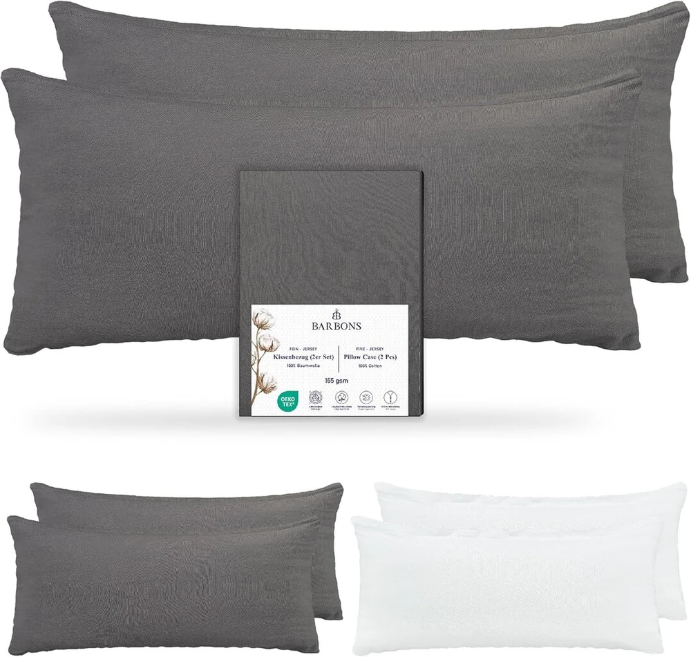 Barbons pagalvės užvalkalas 40 x 90 cm, antracito spalvos, 2 vnt. - 165 g/m², oeko-tex sertifikuotas pagalvės užvalkalas, 100% jersey medvilnės minkšti pagalvėlių užvalkalai su užtrauktuku (40 x 90 antracito spalvos)