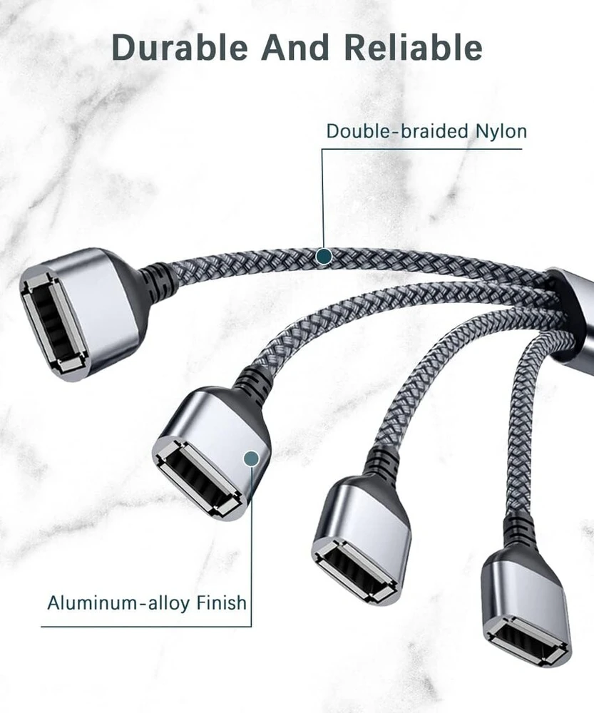 Basesailor Usb skirstytuvas, 4 prievadai 0.3m 4 viename Type A Male į Female skirstytuvas nailoninis daugiafunkcinis kabelis daugia lizdų ilgiklis šakotuvas įkroviklis, skirtas Mac Pc Tv automobiliui Ps4 Ps5 XBOX