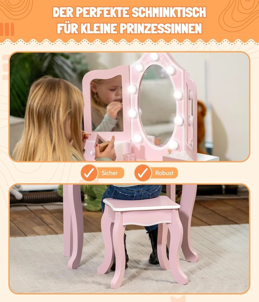 Bayer Chic 2000® vaikiškas kosmetinis staliukas su led apšvietimu ir kėdute - nedūžtantis veidrodis ir pakankamai vietos daiktams - stabilus ir idealus vaikams nuo 3 metų, rožinis/baltas