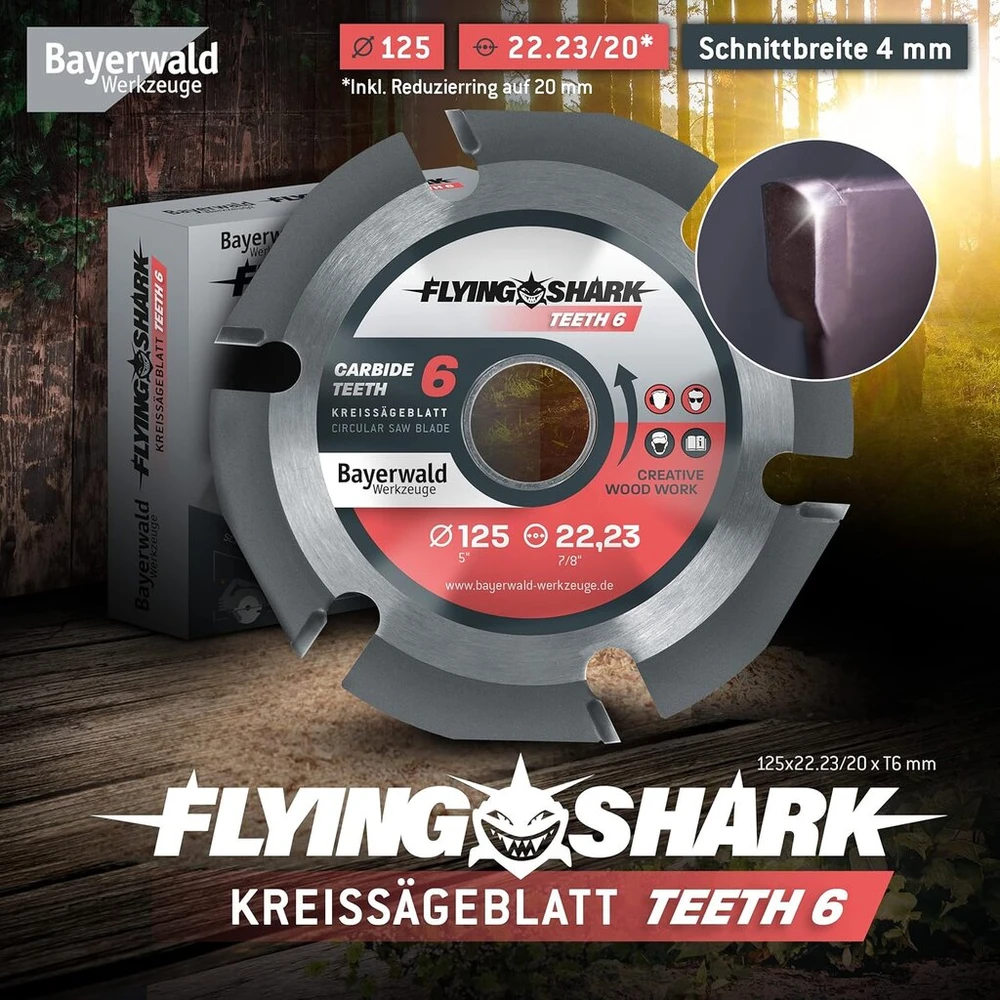 Bayerwald Flying Shark medžio pjovimo diskas, skersmuo 125 mm (6 dantys) – drožimui, žievės pašalinimui – idealus galios drožimui