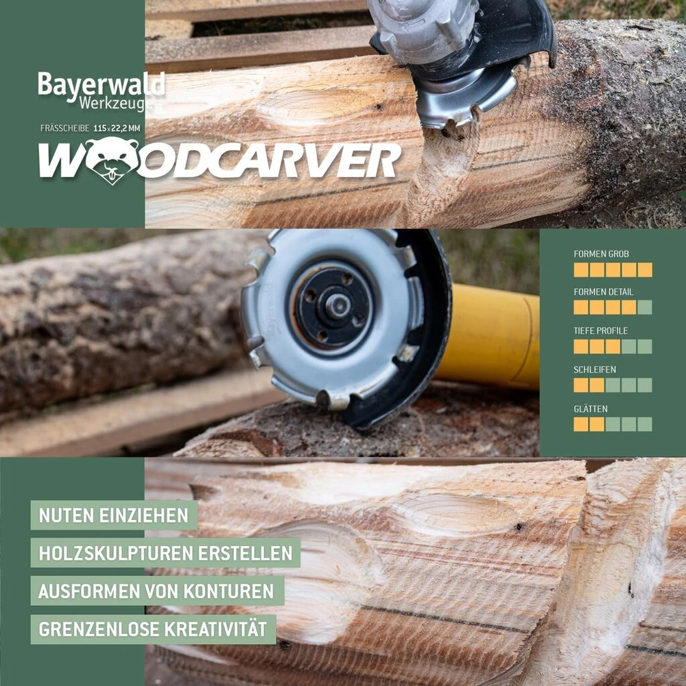 Bayerwald Woodcarver, skersmuo 115 mm - frezavimo diskas kampiniam šlifuokliui, skirtas medžio apdirbimui / idealus įrankis skulptoriams ir drožėjams (woodcarver)