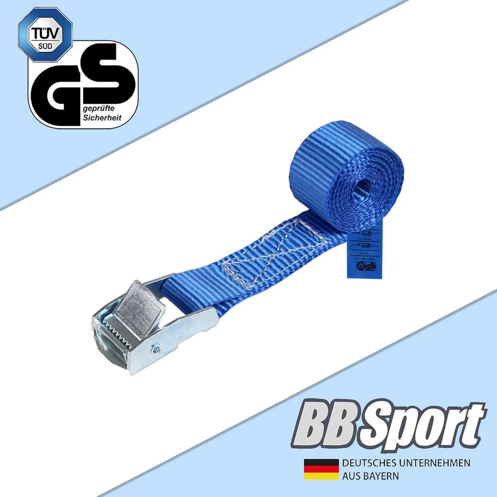 Bb Sport tvirtinimo diržas, įtempimo diržas, apkrova iki 250 kg, din en 12195-2, tvirtinimo diržo spaustukas, mėlynas, įvairaus ilgio, 10 vnt., 2,5 cm x 1 m