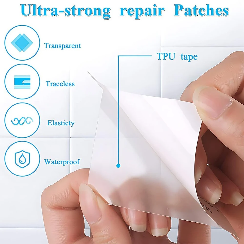 Bchko 10 Tpu remonto pleistrų rinkinys, vandeniui atsparios lipnios remonto juostos, specialus remonto rinkinys palapinei, pripučiamai valčiai, plaukimo ratui, oro čiužiniui, pūkinėms striukėms (skaidrus)