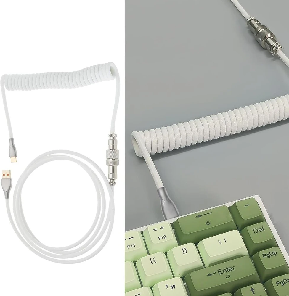 Be In Your Mind pintas mechaninės klaviatūros kabelis, usb-a, usb-c kabelis žaidimų klaviatūrai, dvigubo apvalkalo spiralinis klaviatūros kabelis su nuimamu aviatoriaus usb-c į usb-a, baltas