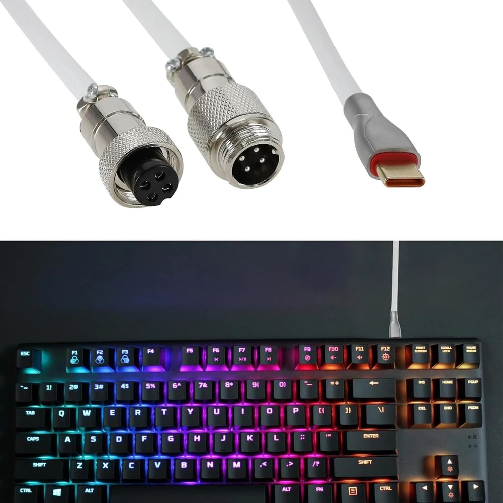 Be In Your Mind pintas mechaninės klaviatūros kabelis, usb-a, usb-c kabelis žaidimų klaviatūrai, dvigubo apvalkalo spiralinis klaviatūros kabelis su nuimamu aviatoriaus usb-c į usb-a, baltas
