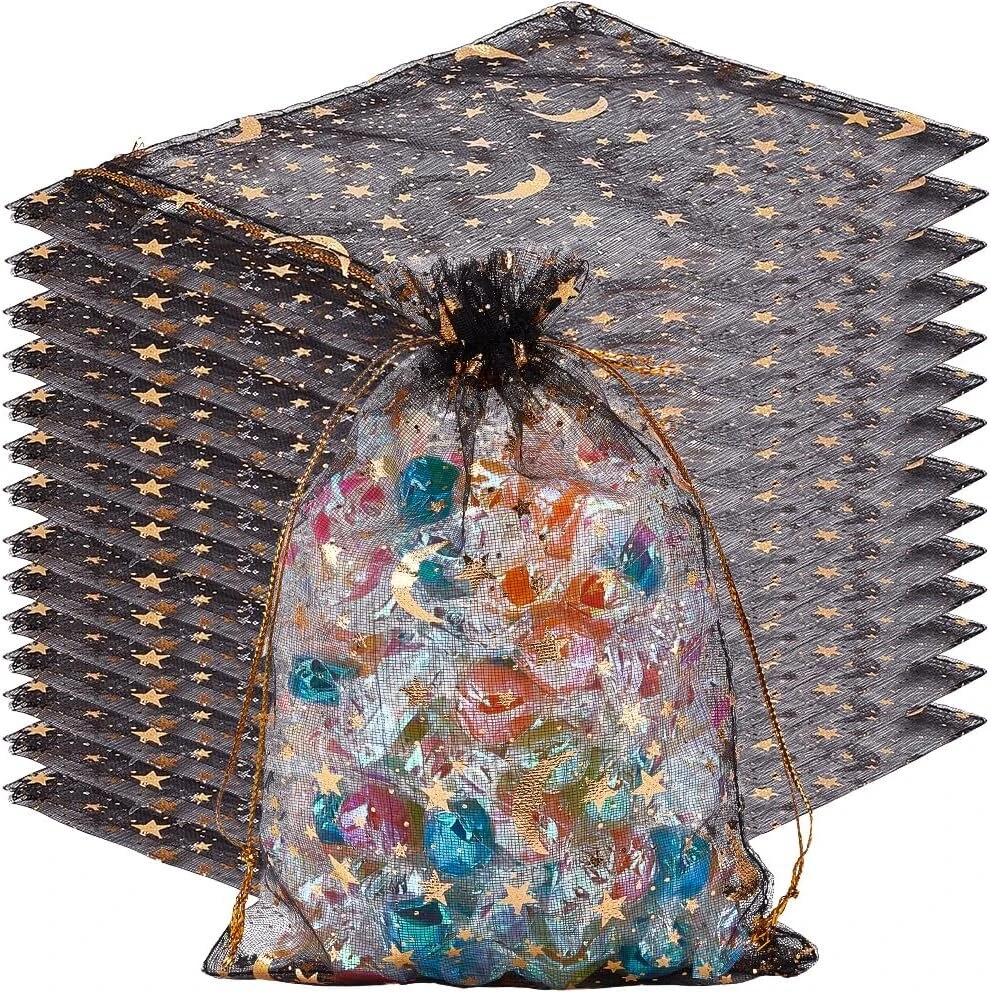 Beebeecraft 50 organzos dovanų maišelių pakuotė 13 x 18 cm mėnulio ir žvaigždžių organzos maišeliai juodi tinkliniai dovanų laikymo maišeliai kalėdų festivaliams vestuvėms Helovino vakarėliams