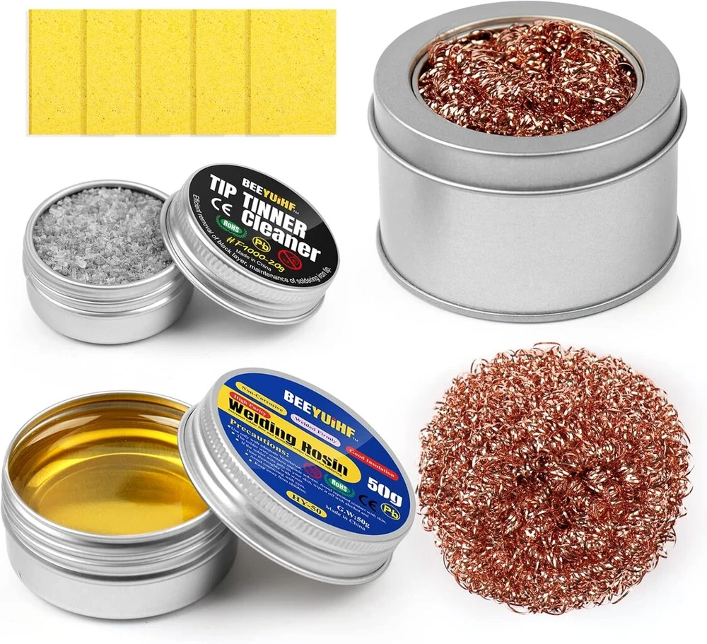 Beeyuihf litavimo antgalių valymo rinkinys - bešvinis litavimo antgalių reaktivatorius 16 g + kanifolijos srauto pasta (1,76 oz/50 g) + litavimo kempinės valymas (50 x 35 x 5 mm) + litavimo antgalių valiklis