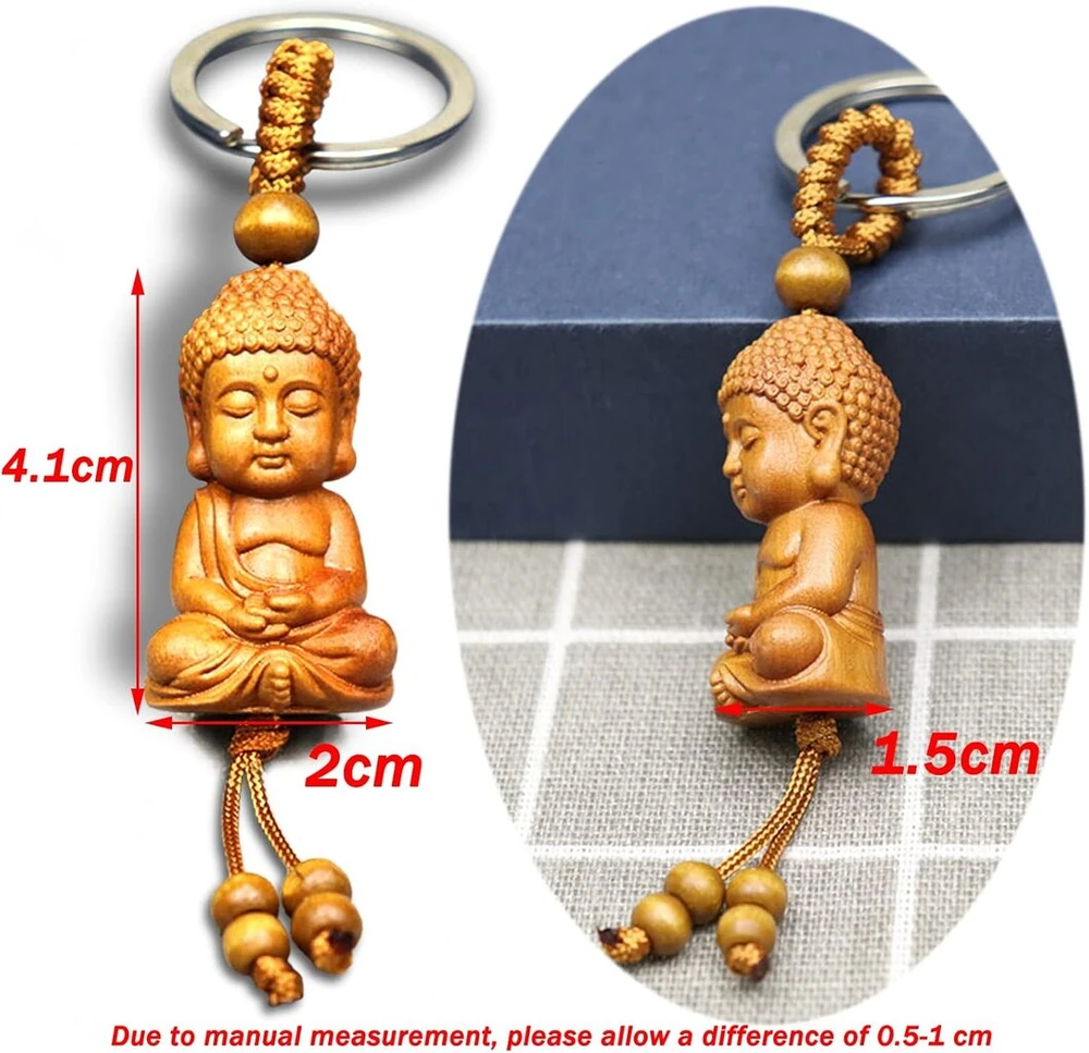 Behone buddha raktų pakabukas, 2 vnt., mažas buddha raktų pakabukas, medinė buddha dekoracija