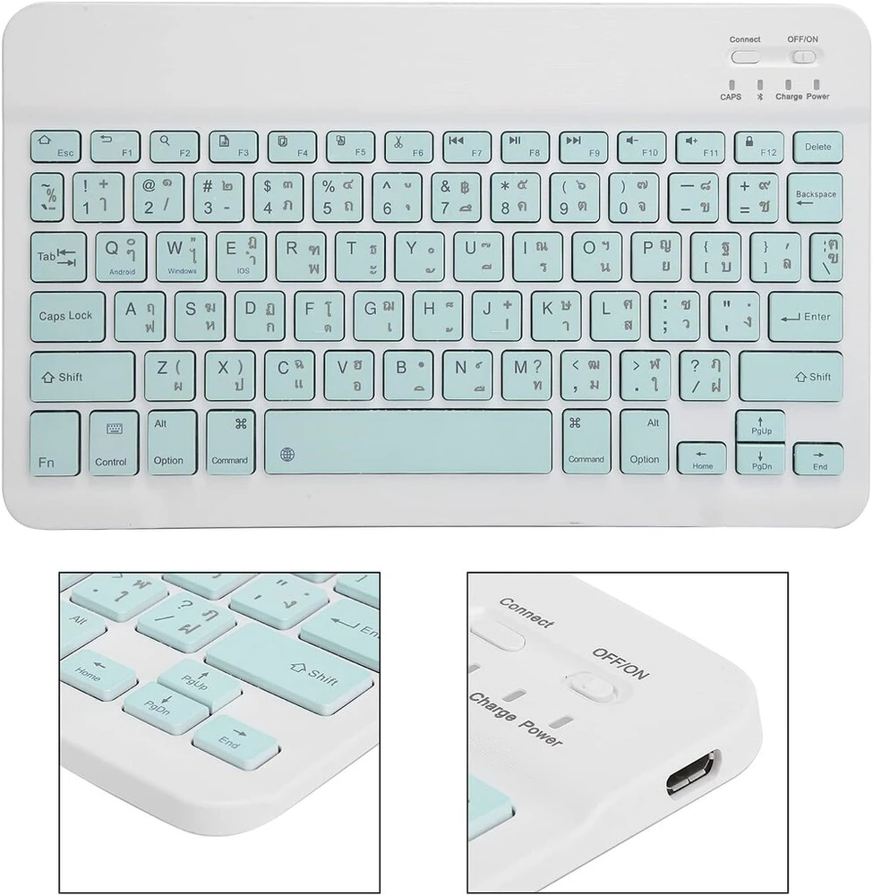 Belaidė bluetooth klaviatūra, 10 colių rašomoji mašinėlė, neslystantis valdymo skydelis, tylūs klavišai, atspari vandeniui, nešiojama, itin plona, skirta išmaniesiems telefonams, planšetiniams kompiuteriams, nešiojamiesiems kompiuteriams (thai šviesiai ža