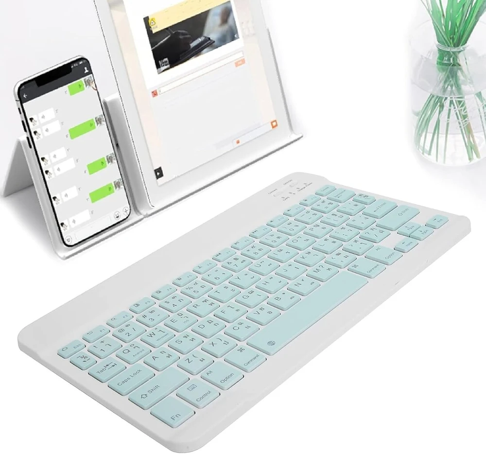 Belaidė bluetooth klaviatūra, 10 colių rašomoji mašinėlė, neslystantis valdymo skydelis, tylūs klavišai, atspari vandeniui, nešiojama, itin plona, skirta išmaniesiems telefonams, planšetiniams kompiuteriams, nešiojamiesiems kompiuteriams (thai šviesiai ža