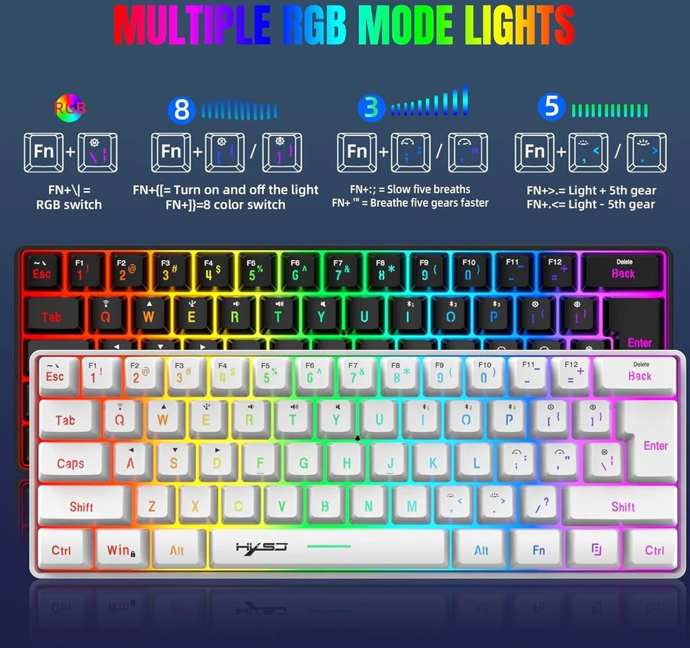 Belaidė žaidimų klaviatūra 61 klavišas Bluetooth 5.0 + 2.4g dvigubo režimo ergonomiška itin kompaktiška tyli 60% klaviatūra su vaivorykštės apšvietimu baterija, skirta Windows Mac Pc Ps4 žaidėjams, balta