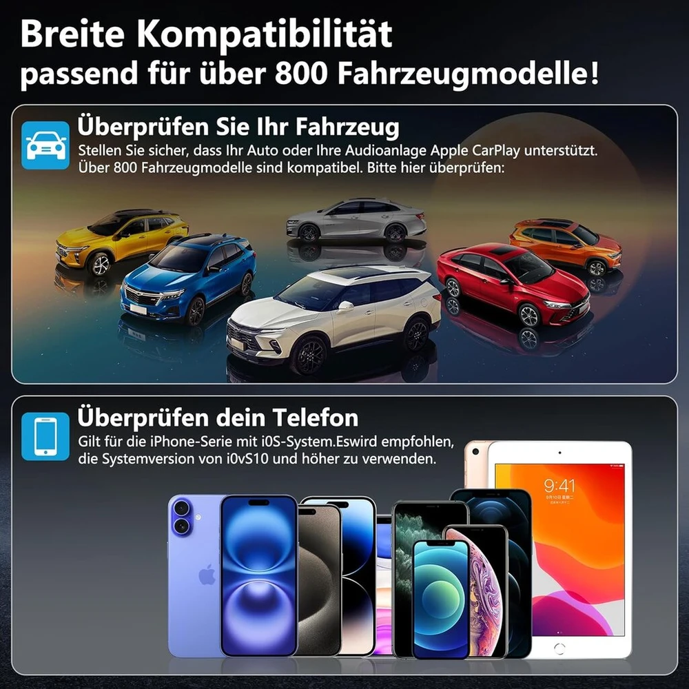 Automagnetola Belaidis „carplay“ adapteris, skirtas „ios“, laidinis „carplay“ į belaidį „carplay“ adapterio keitiklį, „plug & Play“ „car Play“ belaidis adapteris, suderinamas su automobiliais nuo 2017 m. ir „iphone Ios 10+
