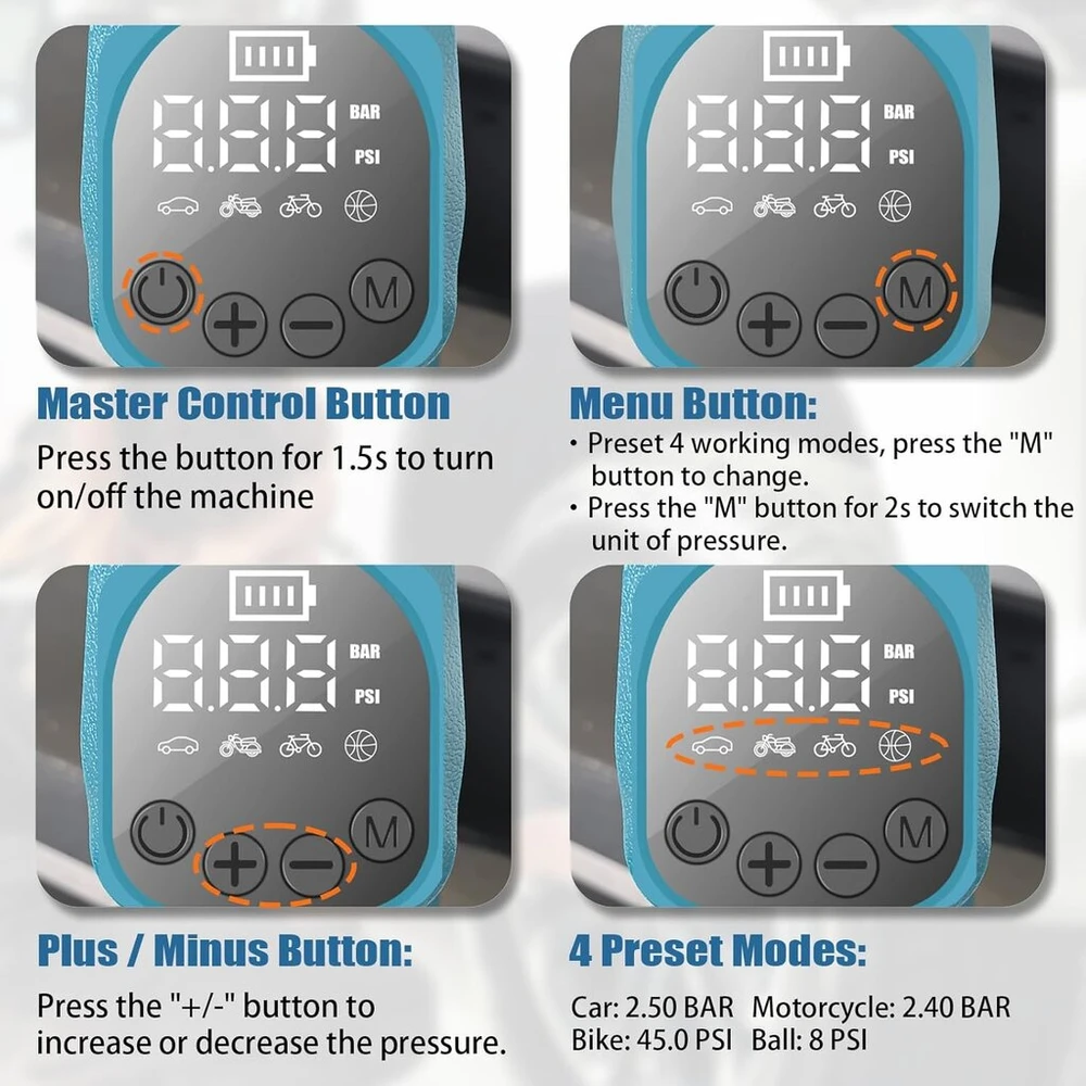 Belaidis kompresorius Bosch 18v sistemai, 150 Psi, su skaitmeniniu manometru