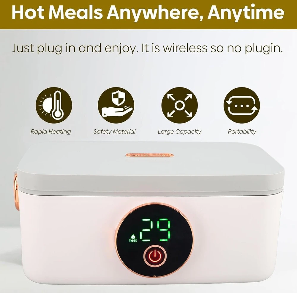 Belaidis šildomas pietų dėžutė, 1 l, 60 w, maisto šildymo indas su 16000 mah baterija, 4 šildymo nustatymai, nepralaidus dangtis, nerūdijančio plieno įdėklas, šildoma pietų dėžutė biurui ir, numatytasis