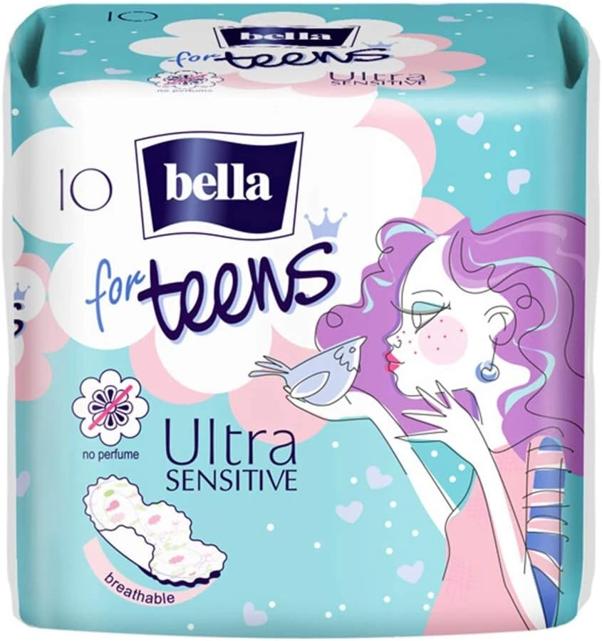 Rankšluostis Bella For Teens Ultra Sensitive paketai paaugliams, 1 pakuotė (1 x 10 vienetų), su sparneliais, be kvapiklių