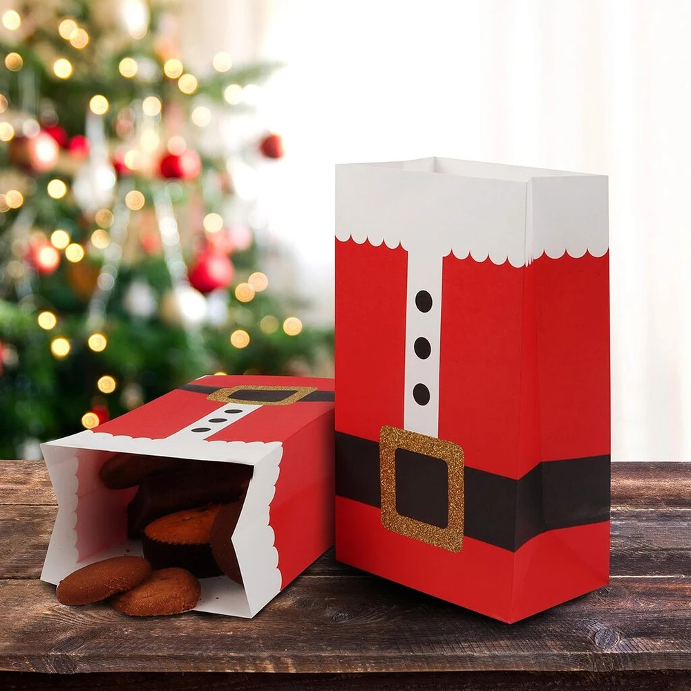 Belle Vous Dovanų Maišeliai (30 vnt.) - 12 x 8 x 21 cm Kalėdiniai Maišeliai Dovanų Maišelis Kartoninis Santa Maišelis Dovanų Maišelis Pakuotė Sulankstomas Dovanoms, Vakarėliams, Pyragaičiams, Konditerijos Gaminiams