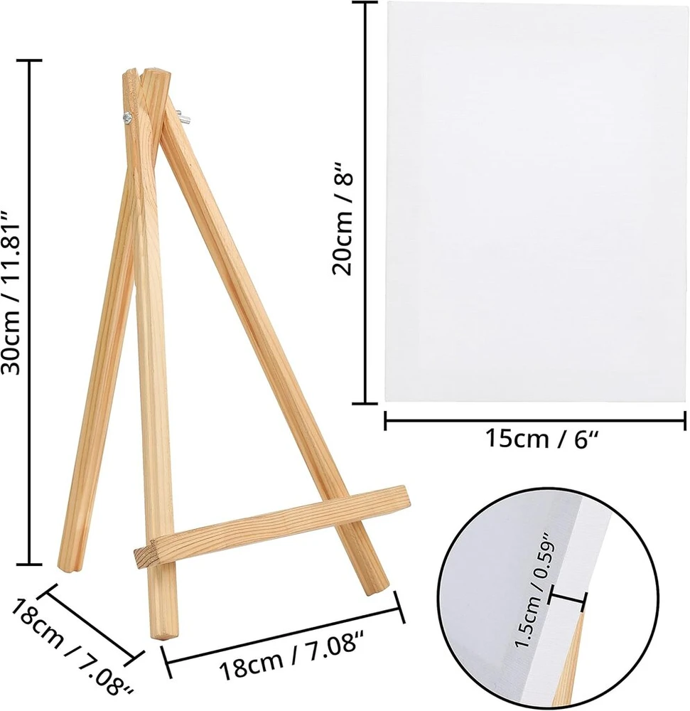 Belle Vous mini drobė su mediniu paveikslėlio laikikliu stalo molbertu (4 vnt.) - ilgis 20 cm x plotis 15 cm - iš anksto įtempta, gruntuota tuščia drobė - su drobės stovu vaikams, menui ir amatams
