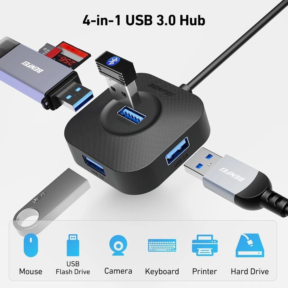 Benfei 4 prievadų usb 3.0 šakotuvas, usb skirstytuvas 5 gbps usb kelių jungčių usb a skirstytuvas, skirtas pelei, klaviatūrai, atmintinei, u diskui, spausdintuvui, suderinamas su nešiojamuoju kompiuteriu, stacionariu kompiuteriu, XBOX ps5 ir meh