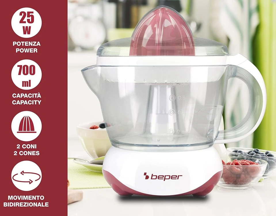 Beper baltas/raudonas Bp.101h apelsinų sulčiaspaudė 700 ml elektrinė citrusinių vaisių sulčiaspaudė, 25, akrilonitrilo butadieno stirenas (abs), 700 ml