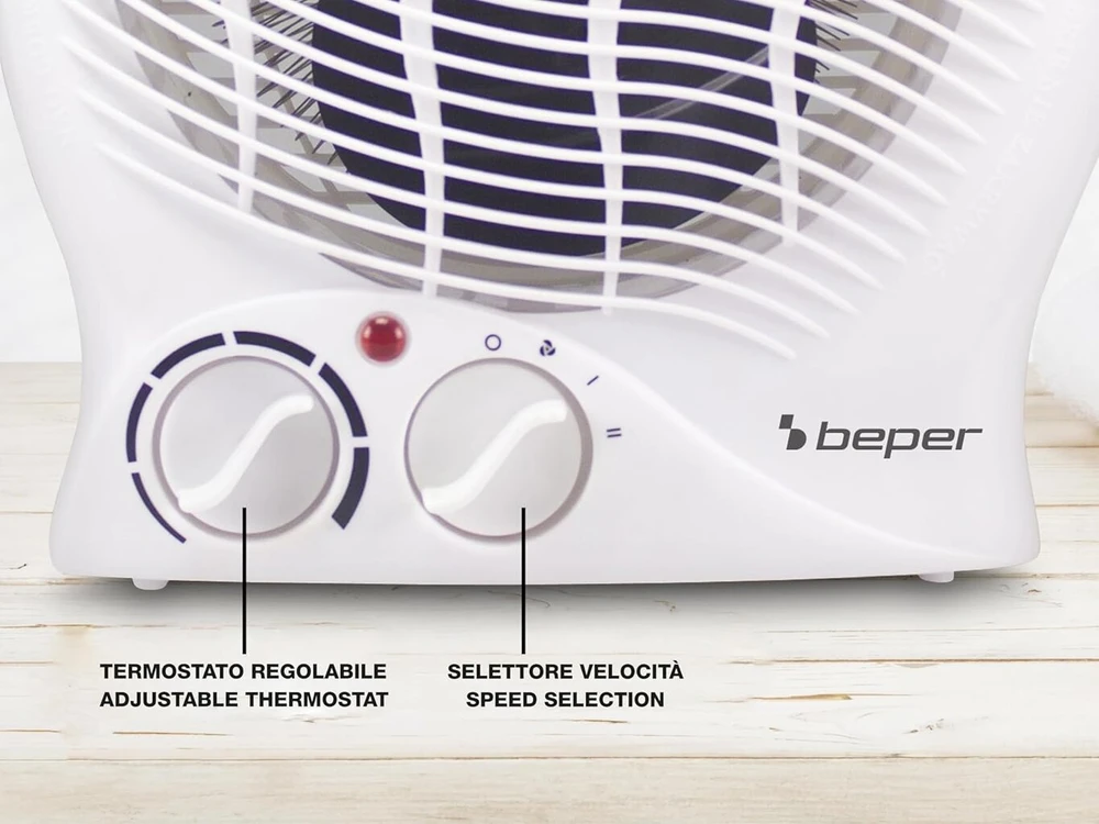 Beper P203ter202 ventiliatorinis šildytuvas, 2000 W, 2 pasirenkami galios lygiai, kompaktiškas ventiliatorinis šildytuvas su reguliuojamu termostatu, eco režimas ir automatinis išjungimas, baltas
