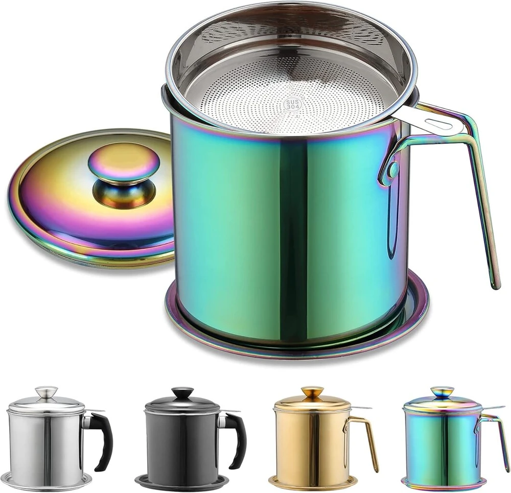 Berglander vaivorykštės spalvų riebalų indas su filtru 1.4 l, titano spalvos nerūdijančio plieno aliejaus laikymo indas su smulkiu tinklelio filtru, apsauga nuo dulkių, skirtas kepti aliejų ir maisto riebalus laikyti