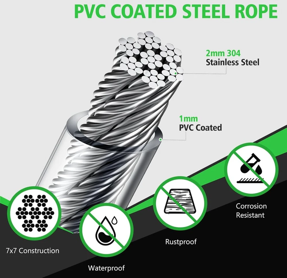 Besdiyart 70 dalių plieninių trosų rinkinys, 30 m 3 mm vielinis trosas su pvc danga, 304 nerūdijančio plieno trosas su vielinių trosų žirklėmis, vielinio trosų įtempiklio rinkinys su kilpomis trosui pakabinti