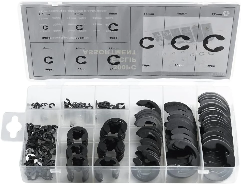 Bestgle fiksavimo žiedų e-segčių fiksavimo poveržlių fiksavimo žiedų rinkinys, 300 vnt., skirtas veleno griovelių mašinoms, automobiliams, 1,5 mm - 15 mm, plastikinis dėklas
