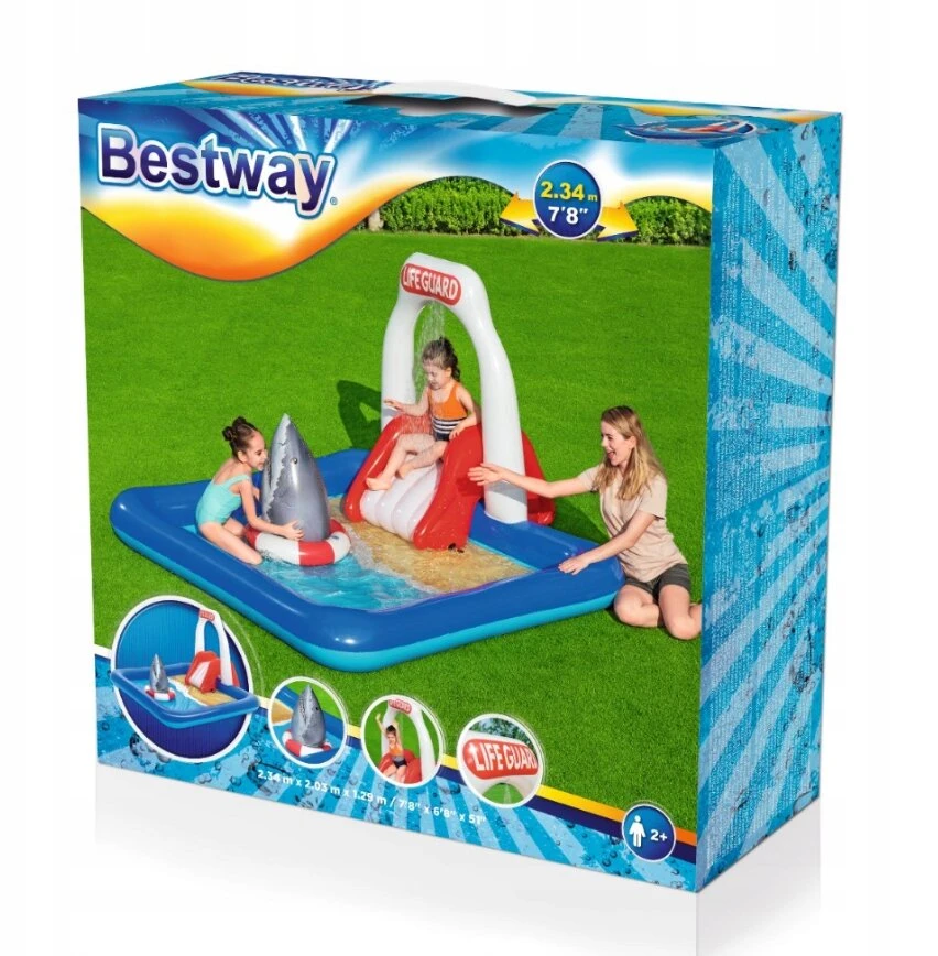 Bestway pripučiamas baseinas 234 x 203 cm 53079 žaidimų aikštelė čiuožykla apskritimas ryklys