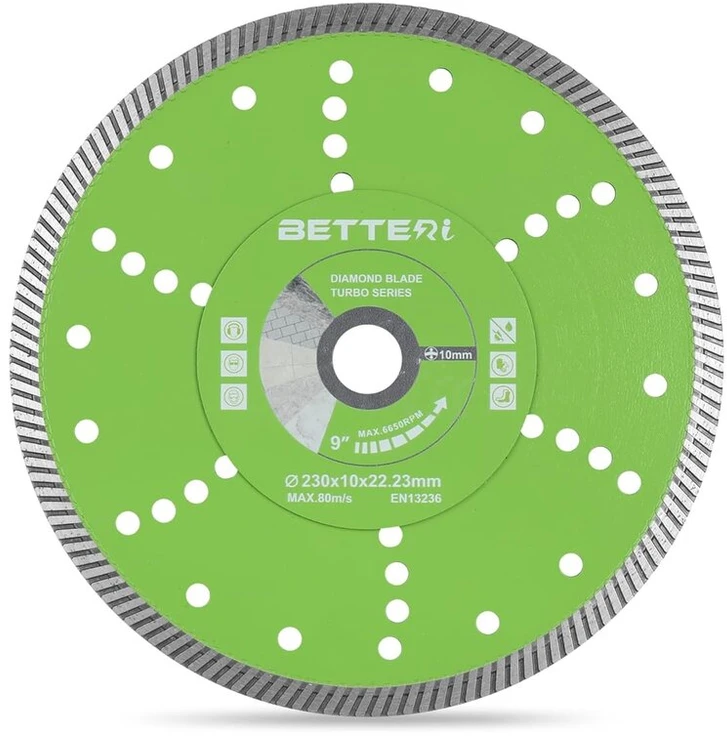 Betteri Deimantinis pjovimo diskas 230 mm x 22,23 mm, deimantinis pjovimo diskas plytelėms, betonui, akmeniui, plytoms, mūrui, blokeliams pjauti, pramoninės kokybės deimantinis diskas pjovimo staklėms