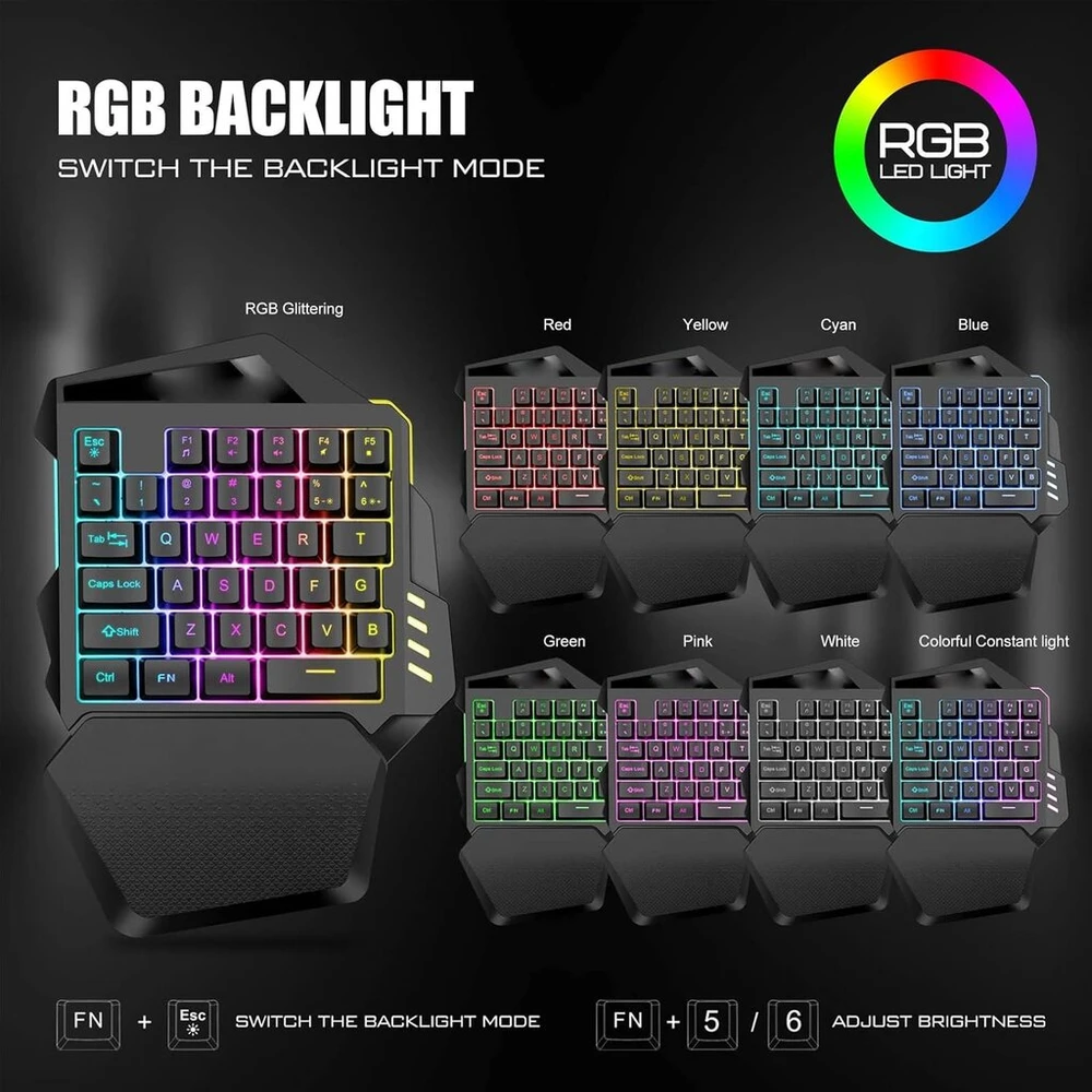 Bewinner vienos rankos žaidimų klaviatūra, belaidė mechaninė rgb klaviatūra su riešo atrama, nešiojama žaidimų klaviatūra su 35 klavišais, ergonomiškas žaidimų valdiklis pc žaidėjams