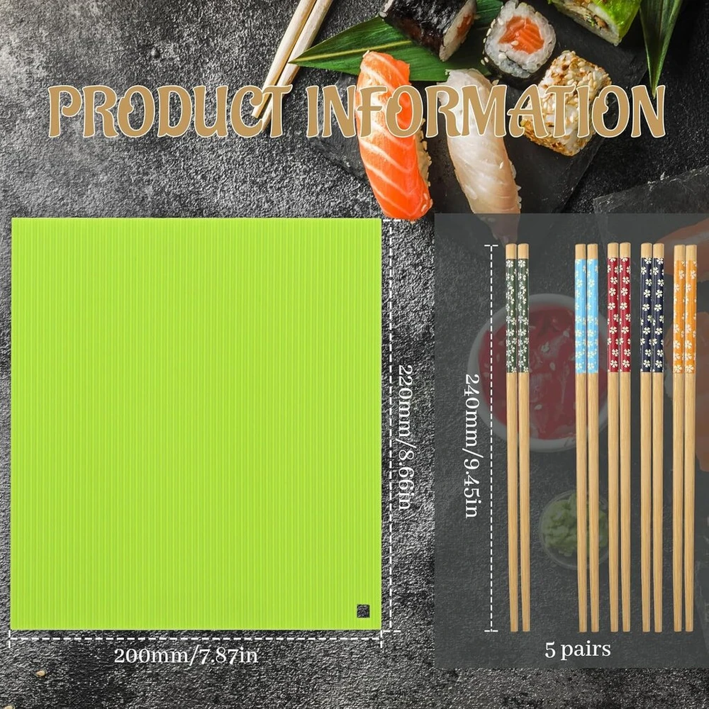 Bhhtbb sushi kilimėlis silikoninis sushi rinkinys pasidaryk pats, sushi gaminimo rinkinys, silikoninis sushi kilimėlis ir lazdelės pradedantiesiems, 22 x 20 cm, 5 poros lazdelių, ryžių šaukštas